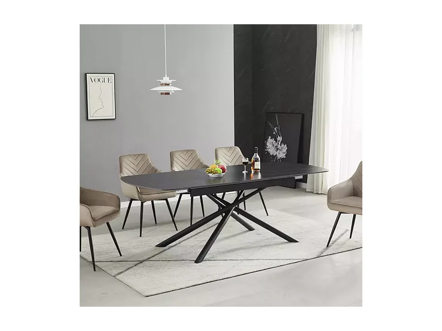 Table extensible de salle à manger noir mat scandinave 180 + 40cm céramique et métal Vila