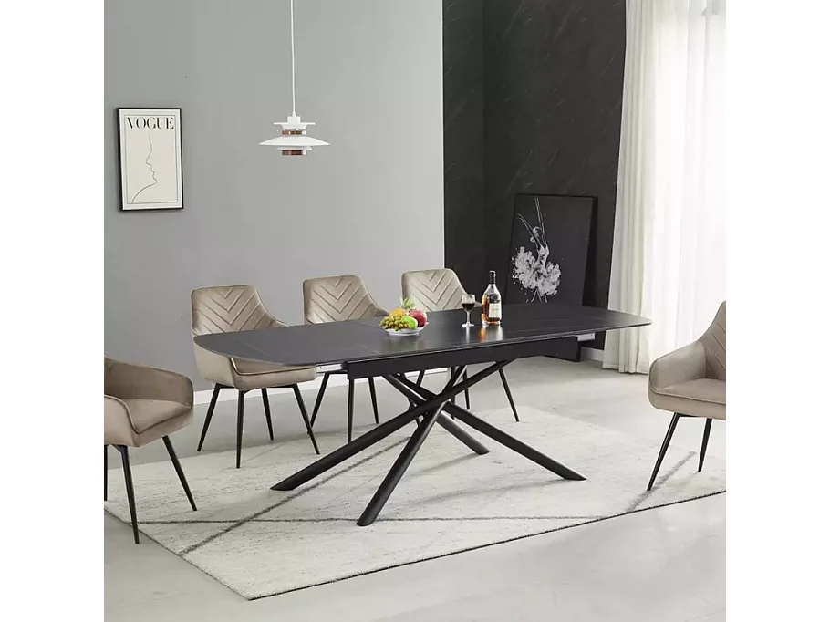 Table extensible de salle à manger noir mat scandinave 180 + 40cm céramique et métal Vila