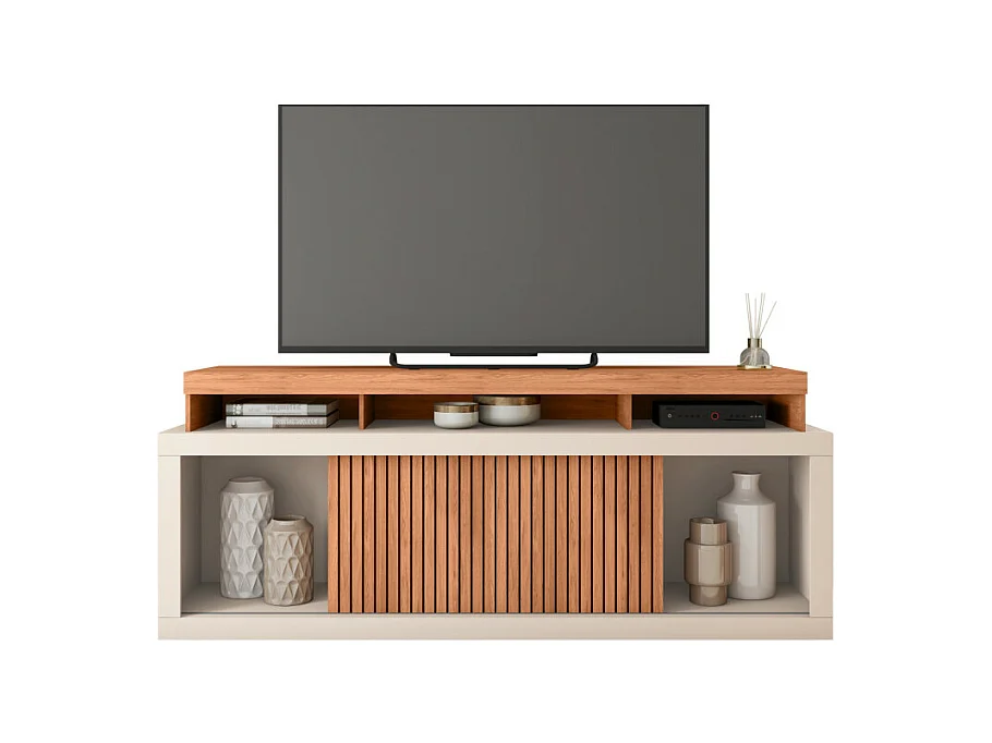 Meuble TV 70 Pouces Chêne et Blanc 2 Portes Coulis. L. 180 H 74 P 39.5 cm