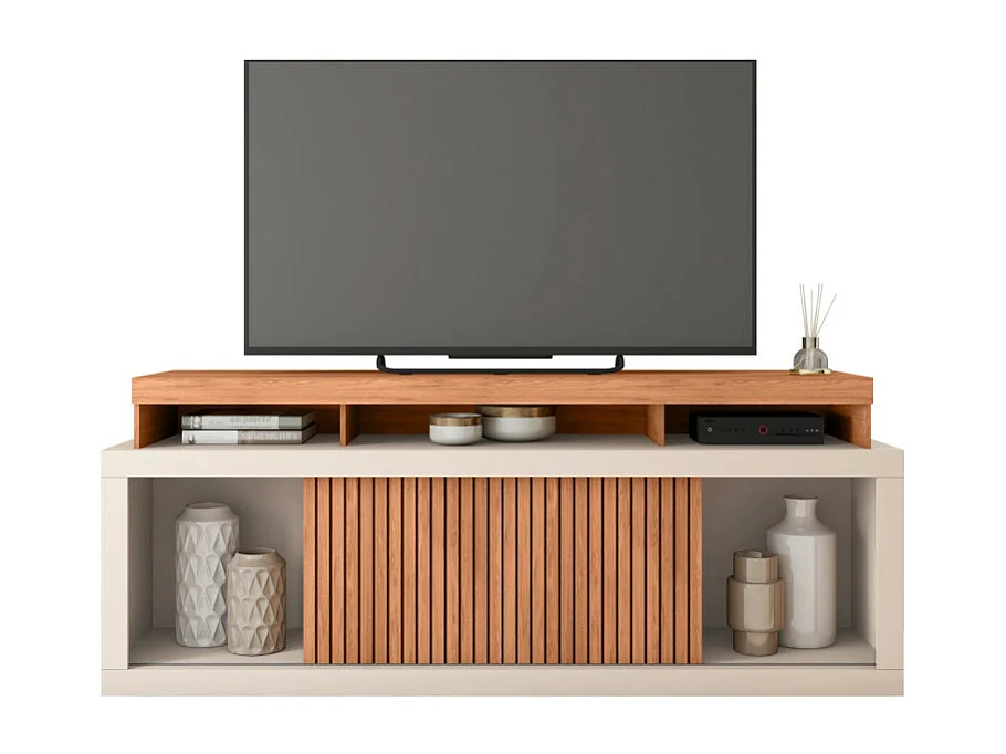 Meuble TV 70 Pouces Chêne et Blanc 2 Portes Coulis. L. 180 H 74 P 39.5 cm