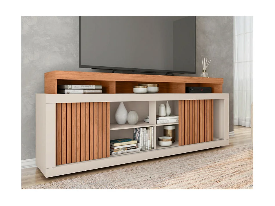 Meuble TV 70 Pouces Chêne et Blanc 2 Portes Coulis. L. 180 H 74 P 39.5 cm