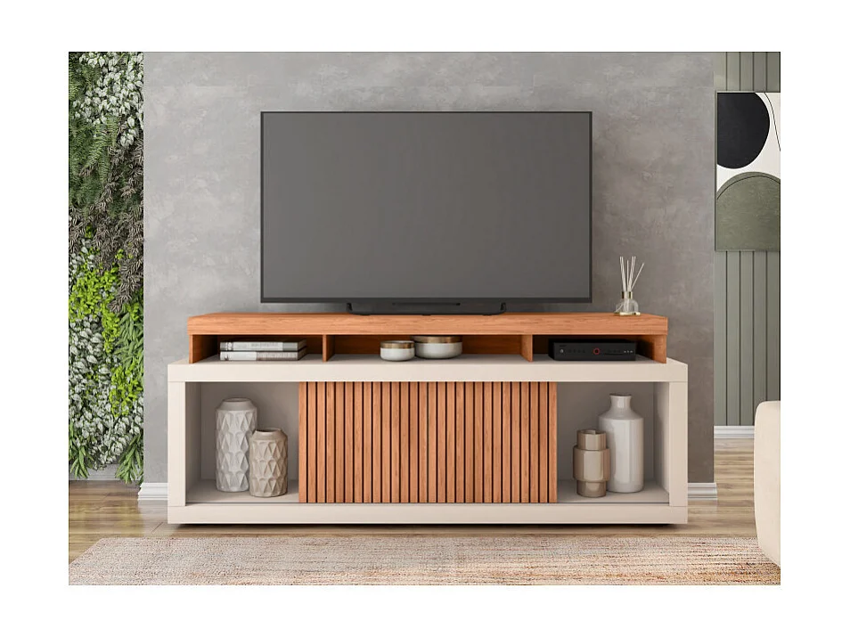 Meuble TV 70 Pouces Chêne et Blanc 2 Portes Coulis. L. 180 H 74 P 39.5 cm