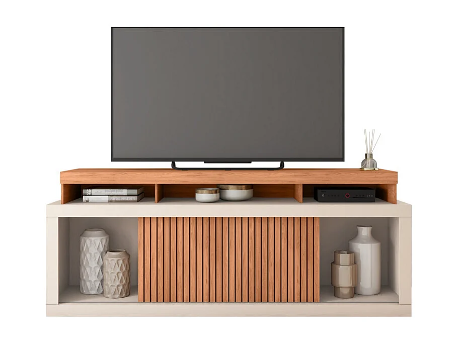 Meuble TV 70 Pouces Chêne et Blanc 2 Portes Coulis. L. 180 H 74 P 39.5 cm