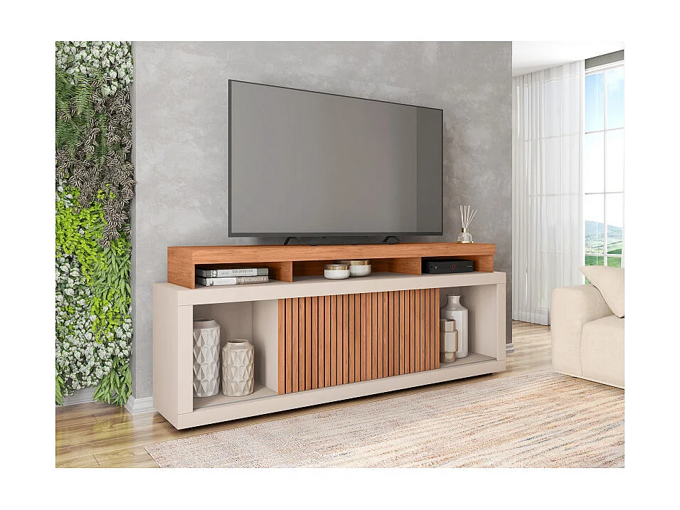 Meuble TV 70 Pouces Chêne et Blanc 2 Portes Coulis. L. 180 H 74 P 39.5 cm