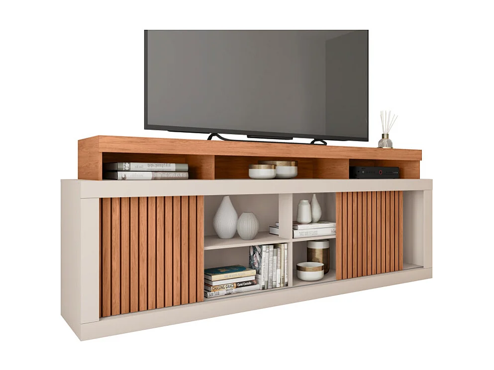 Meuble TV 70 Pouces Chêne et Blanc 2 Portes Coulis. L. 180 H 74 P 39.5 cm