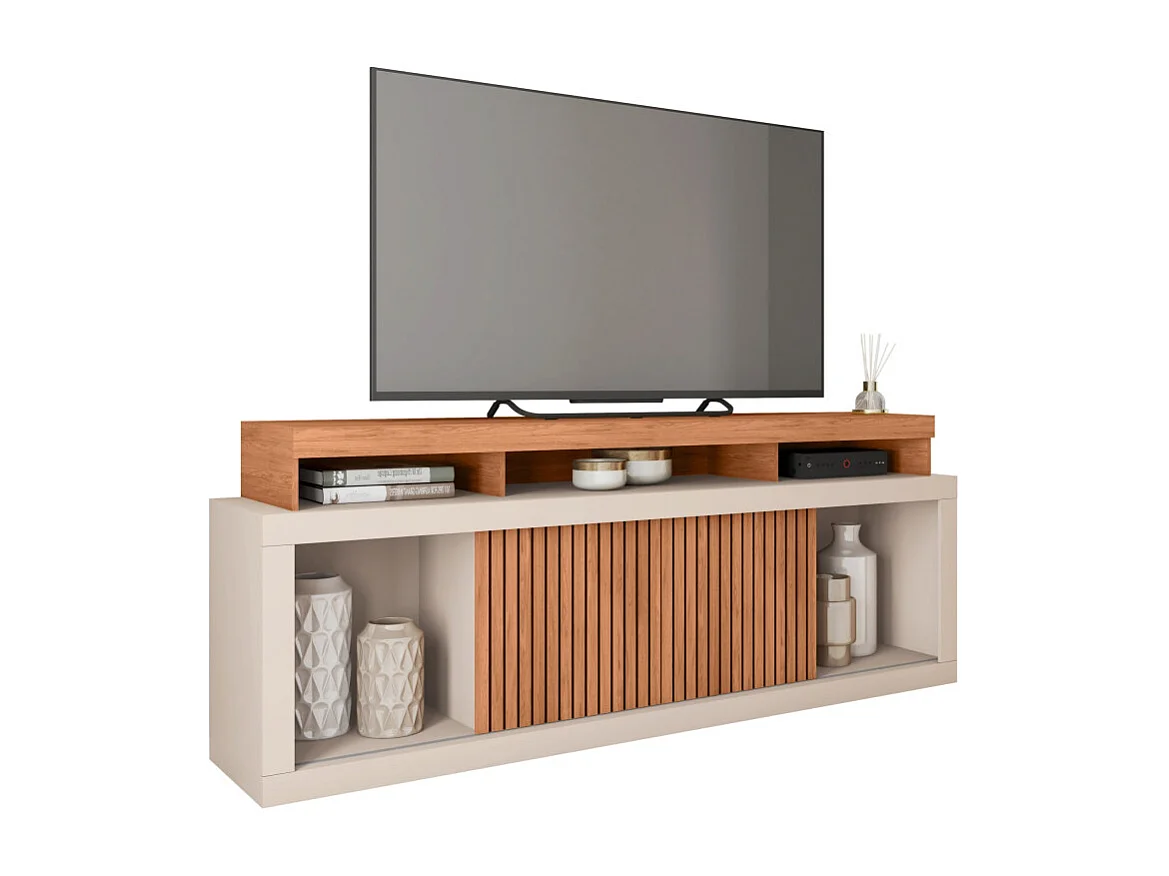 Meuble TV 70 Pouces Chêne et Blanc 2 Portes Coulis. L. 180 H 74 P 39.5 cm