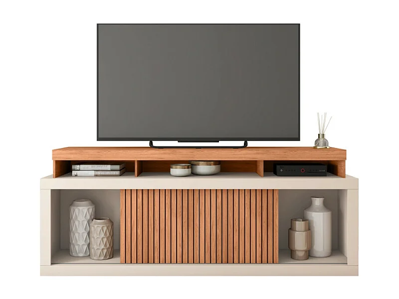 Meuble TV 70 Pouces Chêne et Blanc 2 Portes Coulis. L. 180 H 74 P 39.5 cm