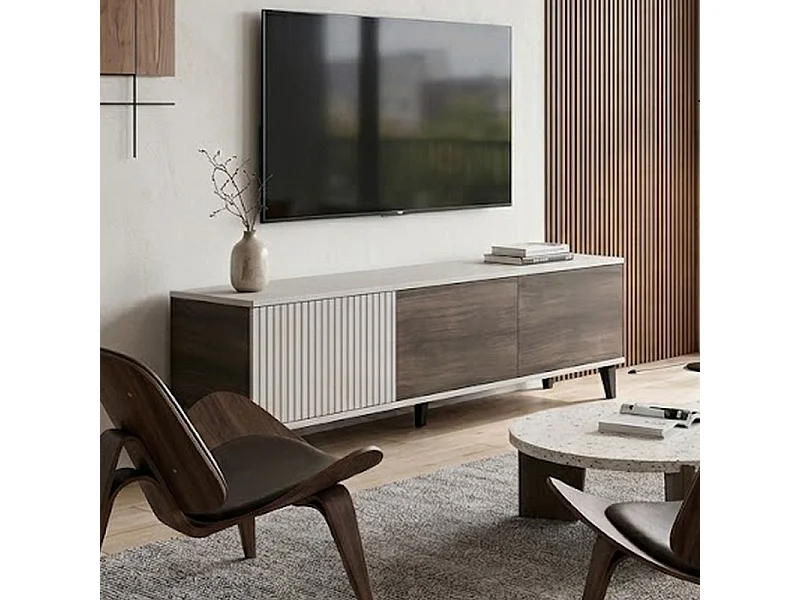 Meuble TV contemporain 3 portes beige aspect noyer 150cm PUMP