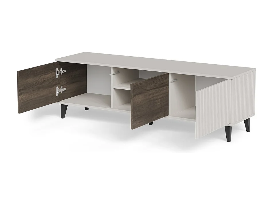 Meuble TV contemporain 3 portes beige aspect noyer 150cm PUMP