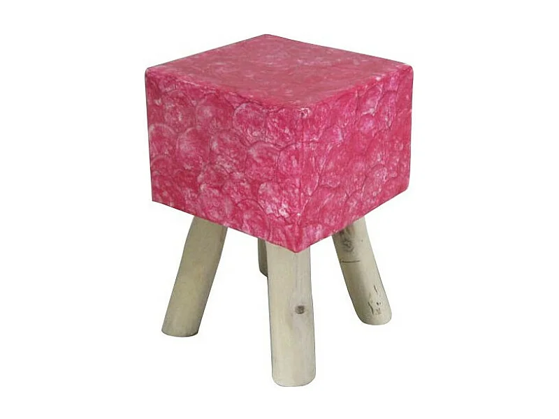 Tabouret carré 30 x 30 cm en bois de teck et nacre rose - GOODY