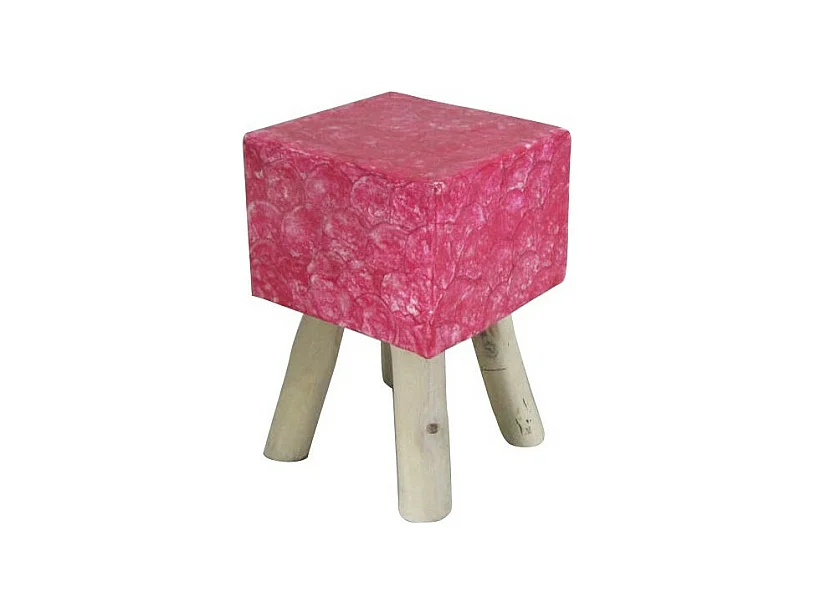 Tabouret carré 30 x 30 cm en bois de teck et nacre rose - GOODY