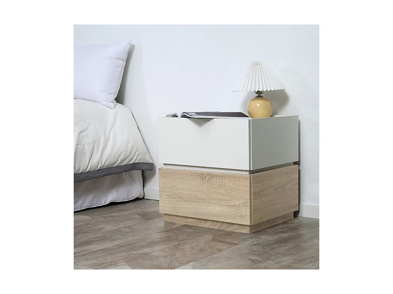 Table de chevet 2 tiroirs empilables HESTIA bois et blanc