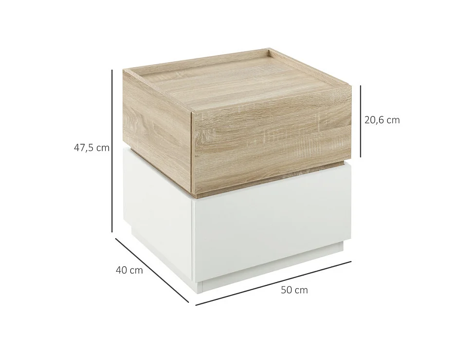 Table de chevet 2 tiroirs empilables HESTIA bois et blanc