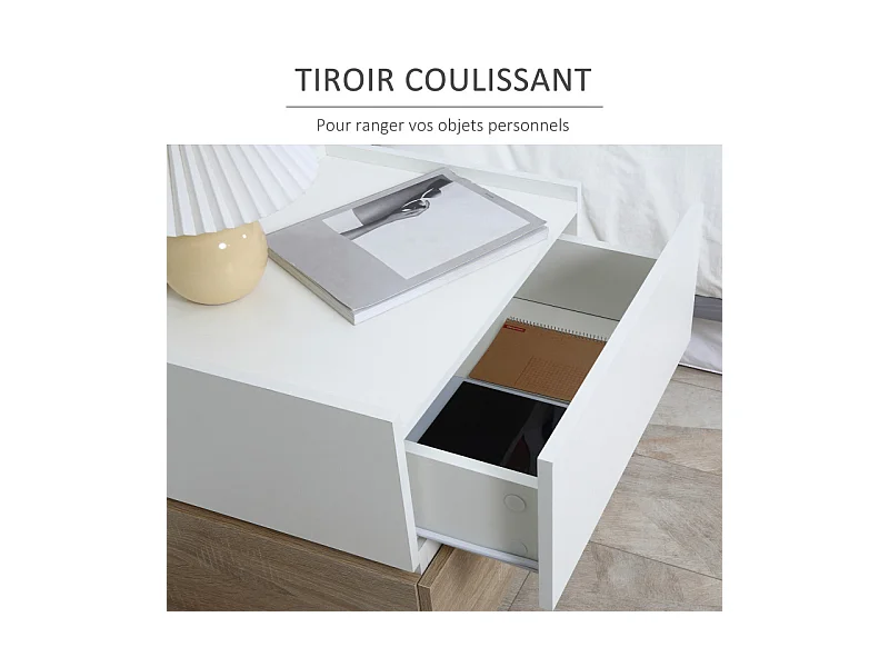 Table de chevet 2 tiroirs empilables HESTIA bois et blanc