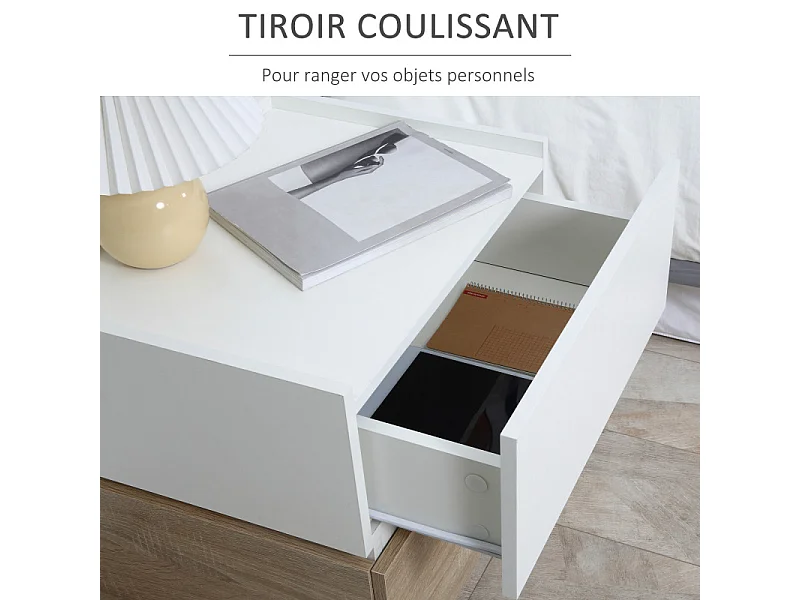 Table de chevet 2 tiroirs empilables HESTIA bois et blanc