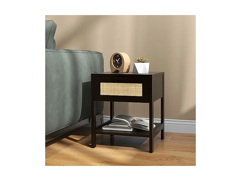 Table de chevet POSEIDON rotin et noire