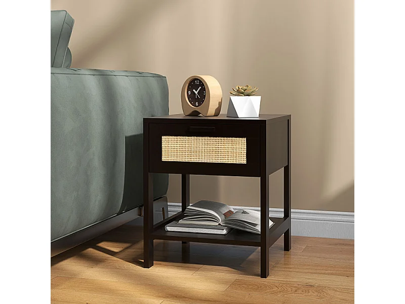 Table de chevet POSEIDON rotin et noire