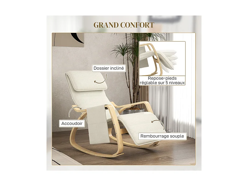 Fauteuil à bascule relax repose-pied réglable bois tissu