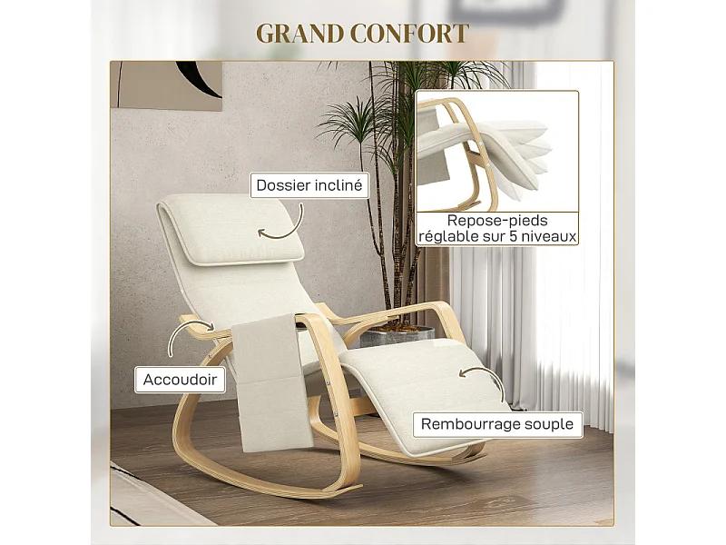 Fauteuil à bascule relax repose-pied réglable bois tissu