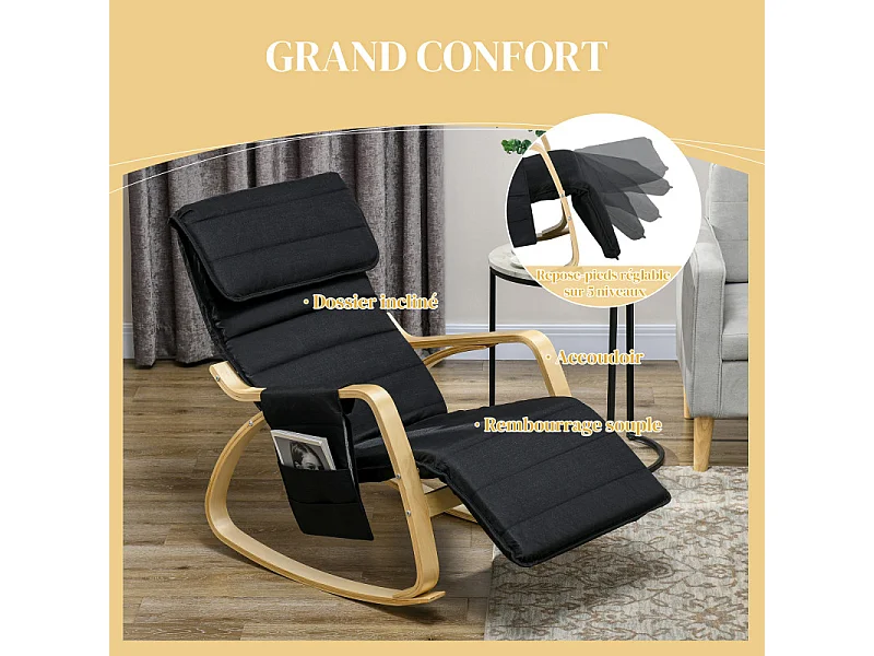 Fauteuil à bascule relax repose-pied réglable bois tissu