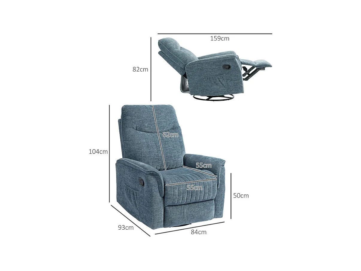 Fauteuil relax inclinable pivotant repose-pieds rétractable tissu bleu chiné