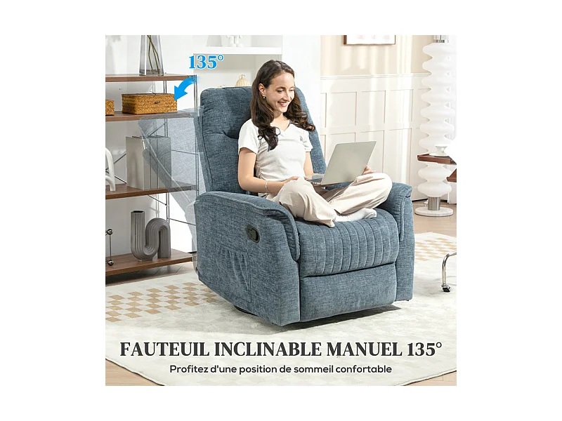Fauteuil relax inclinable pivotant repose-pieds rétractable tissu bleu chiné