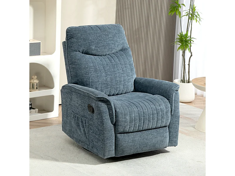 Fauteuil relax inclinable pivotant repose-pieds rétractable tissu bleu chiné
