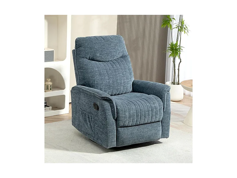Fauteuil relax inclinable pivotant repose-pieds rétractable tissu bleu chiné