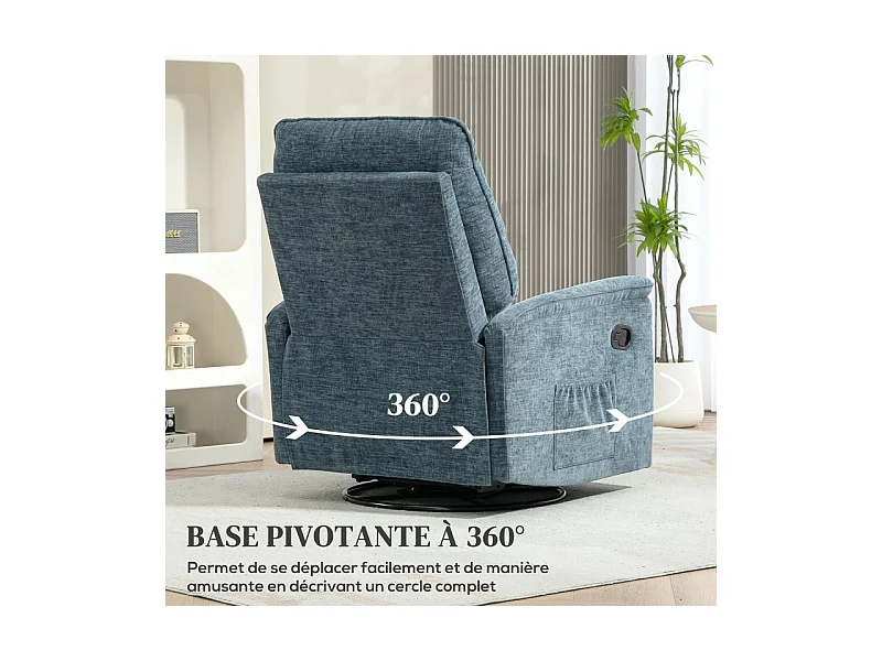 Fauteuil relax inclinable pivotant repose-pieds rétractable tissu bleu chiné