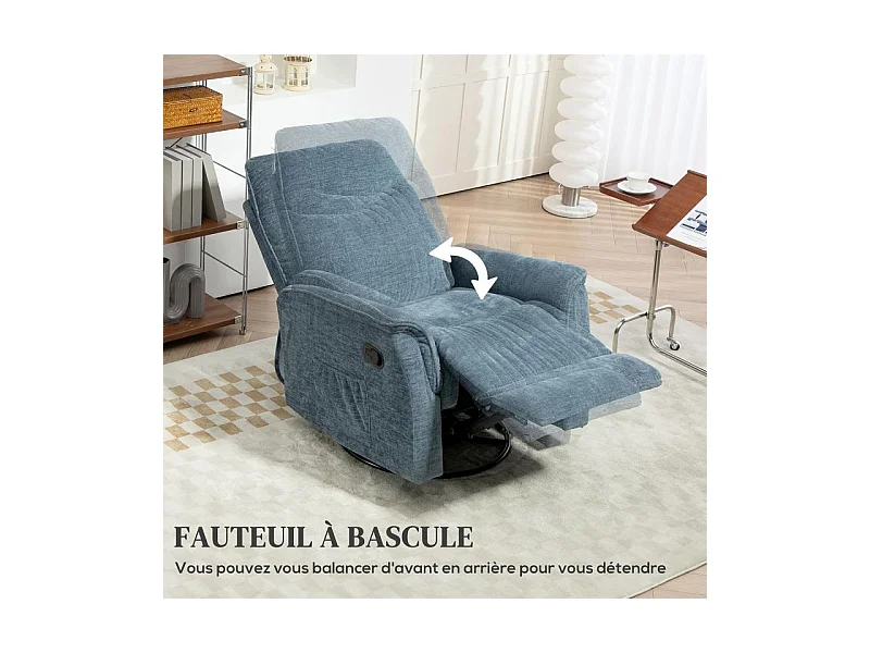 Fauteuil relax inclinable pivotant repose-pieds rétractable tissu bleu chiné