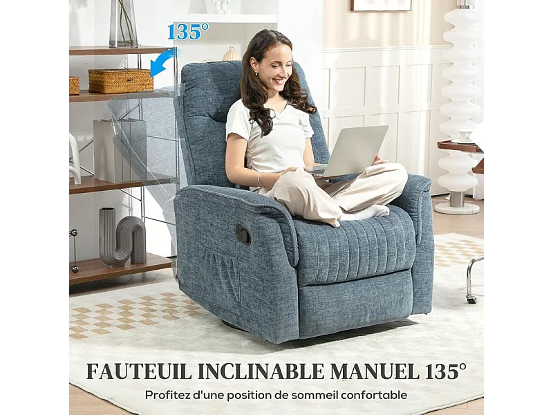 Fauteuil relax inclinable pivotant repose-pieds rétractable tissu bleu chiné