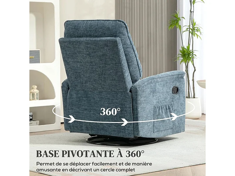 Fauteuil relax inclinable pivotant repose-pieds rétractable tissu bleu chiné