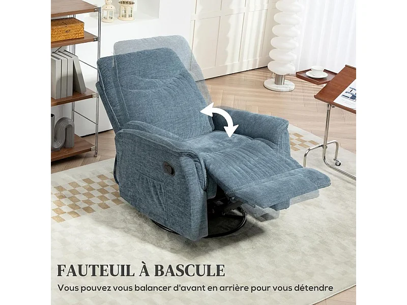 Fauteuil relax inclinable pivotant repose-pieds rétractable tissu bleu chiné