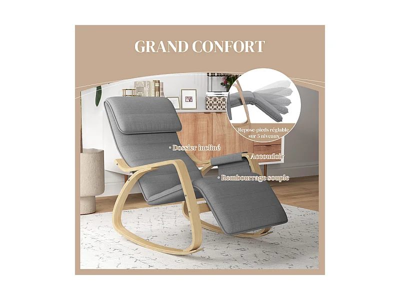 Fauteuil à bascule relax repose-pied réglable bois tissu