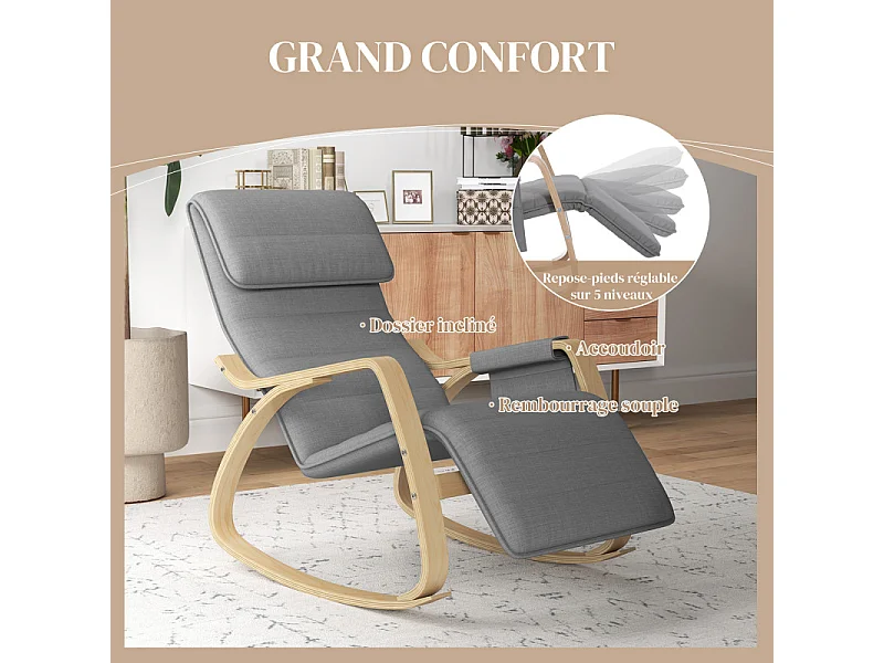 Fauteuil à bascule relax repose-pied réglable bois tissu