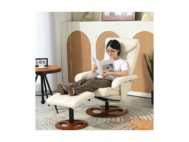 Ensemble fauteuil repose-pieds design Chesterfield synthétique surpiqûres crème