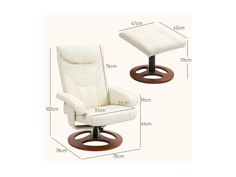 Ensemble fauteuil repose-pieds design Chesterfield synthétique surpiqûres crème