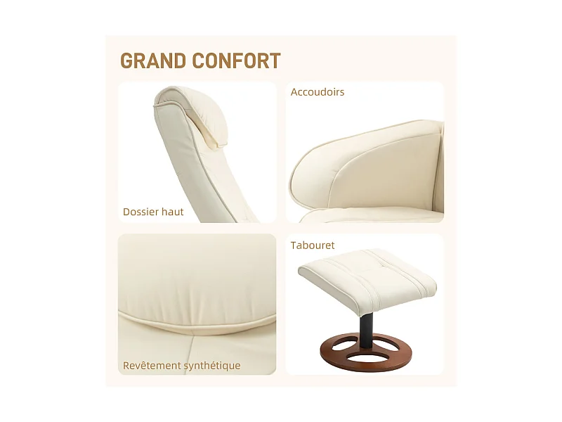 Ensemble fauteuil repose-pieds design Chesterfield synthétique surpiqûres crème