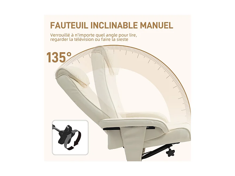 Ensemble fauteuil repose-pieds design Chesterfield synthétique surpiqûres crème