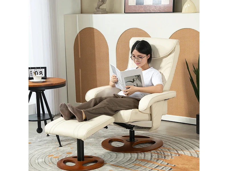 Ensemble fauteuil repose-pieds design Chesterfield synthétique surpiqûres crème