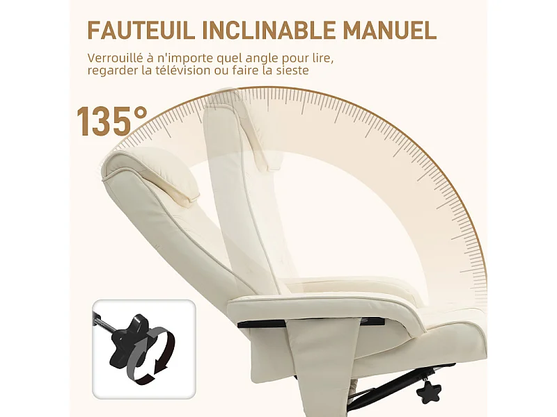 Ensemble fauteuil repose-pieds design Chesterfield synthétique surpiqûres crème