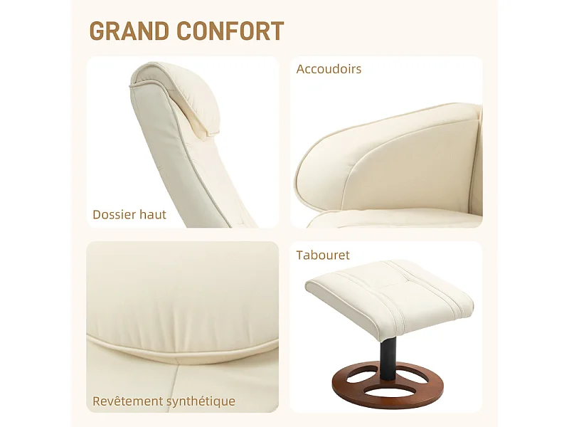 Ensemble fauteuil repose-pieds design Chesterfield synthétique surpiqûres crème