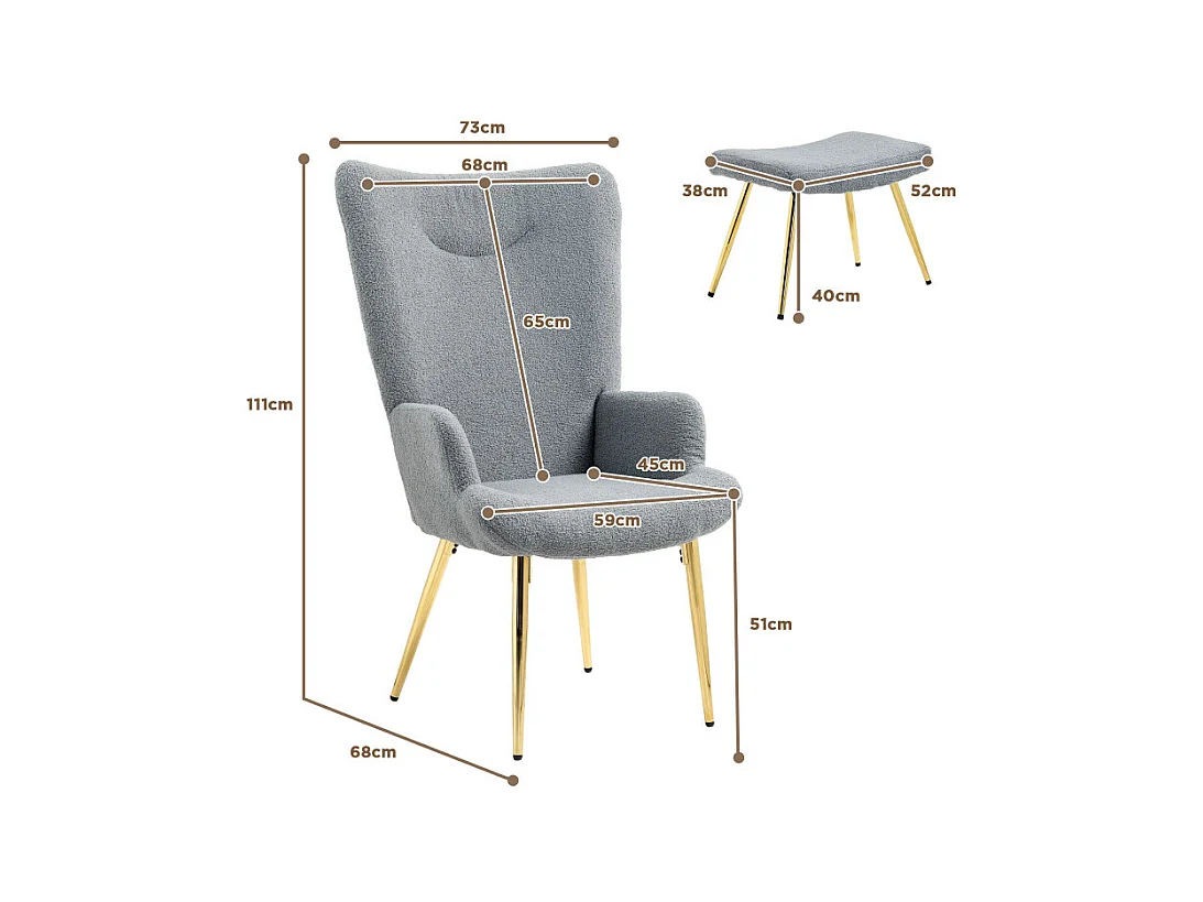 Ensemble fauteuil et repose-pieds GUSSY gris et doré