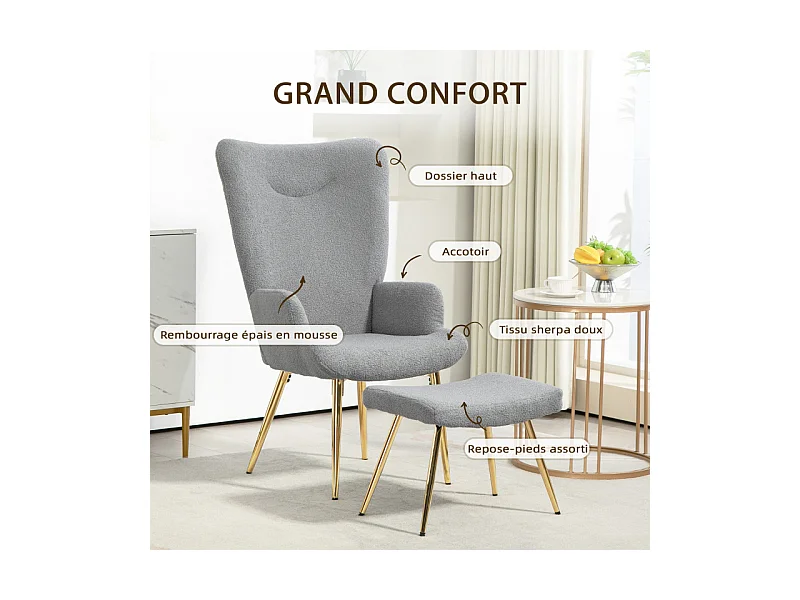 Ensemble fauteuil et repose-pieds GUSSY gris et doré