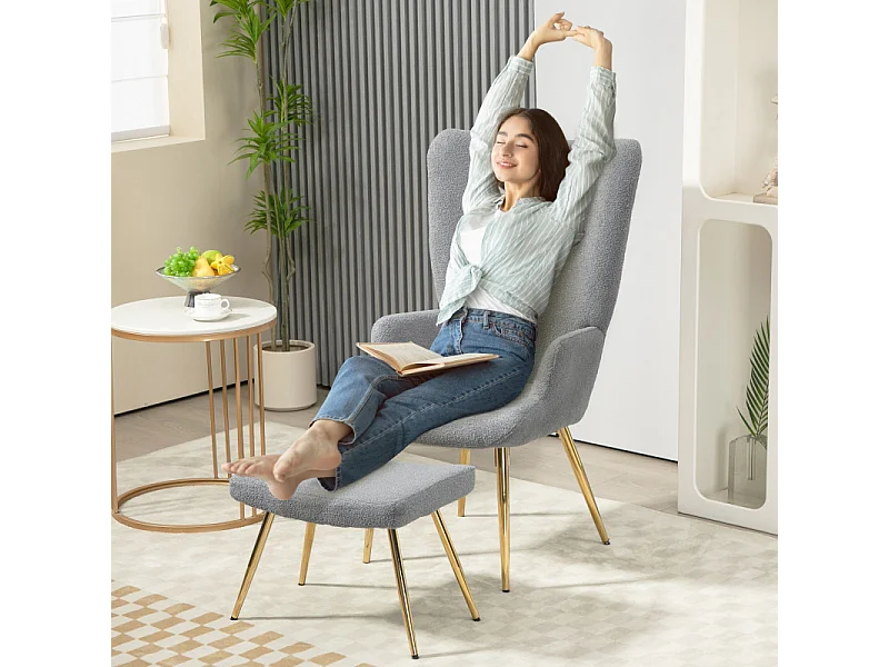 Ensemble fauteuil et repose-pieds GUSSY gris et doré 