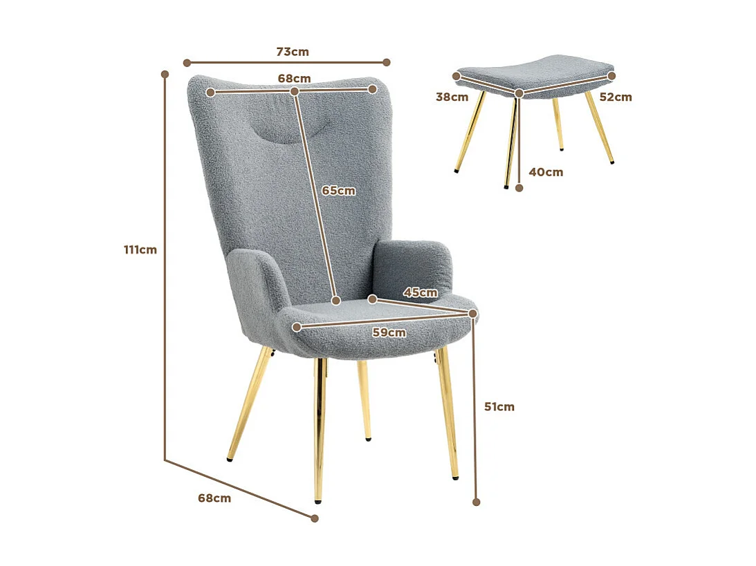 Ensemble fauteuil et repose-pieds GUSSY gris et doré 