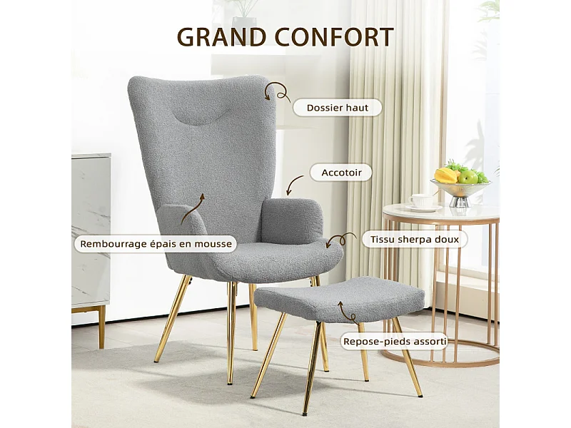 Ensemble fauteuil et repose-pieds GUSSY gris et doré 