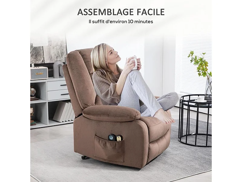 Fauteuil releveur massant chauffant inclinable effet velours marron