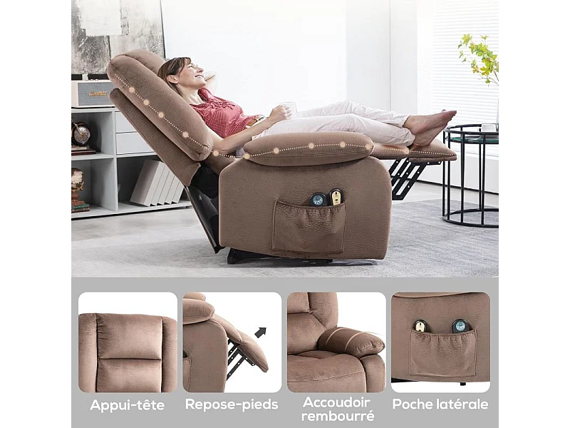 Fauteuil releveur massant chauffant inclinable effet velours marron