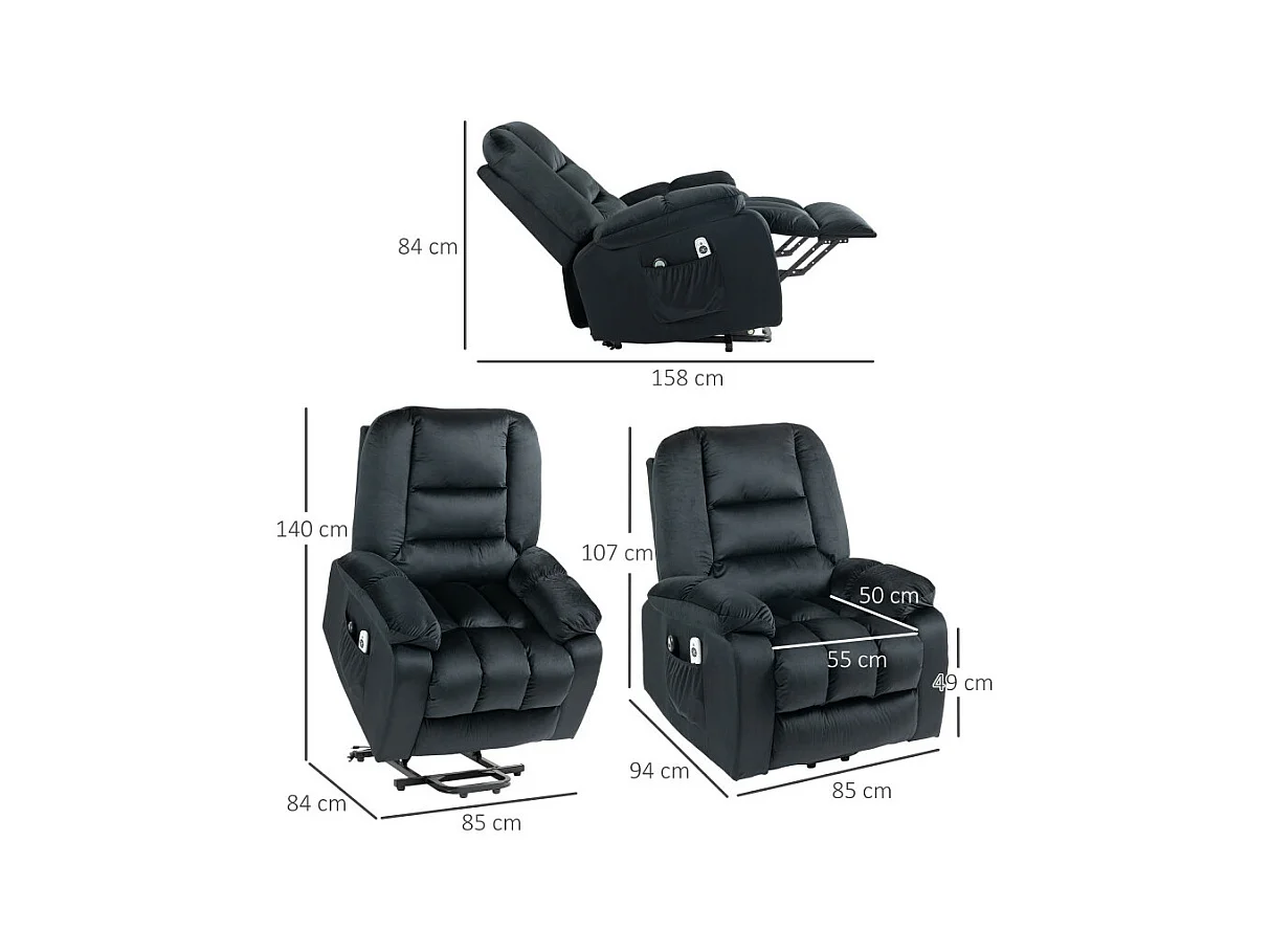 Fauteuil de massage releveur chauffant - 2 télécommandes - velours noir